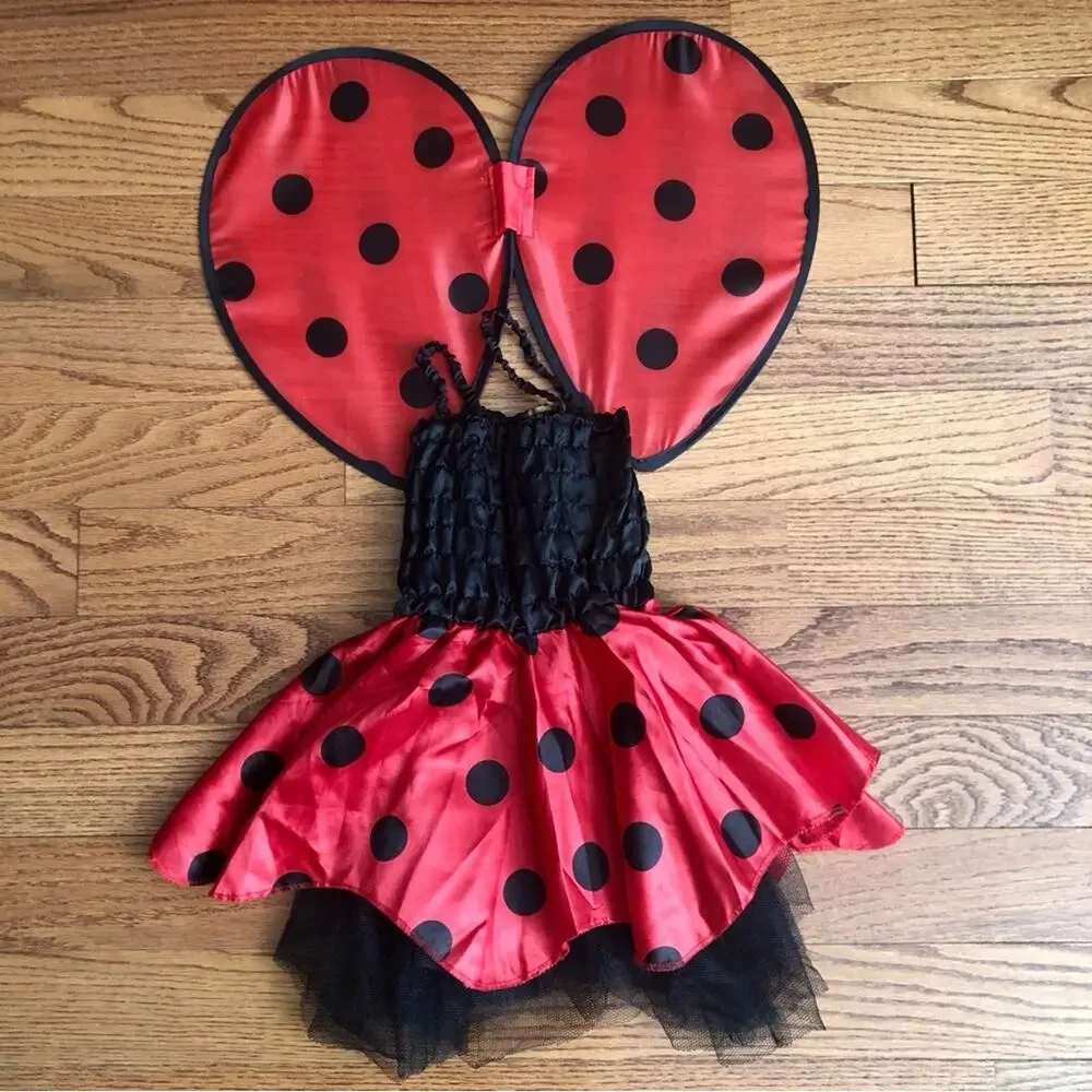 Bumble Bee Polk-a-dot Smocked Bodice Wings Red Black Dress Toddler Girl Size 2T